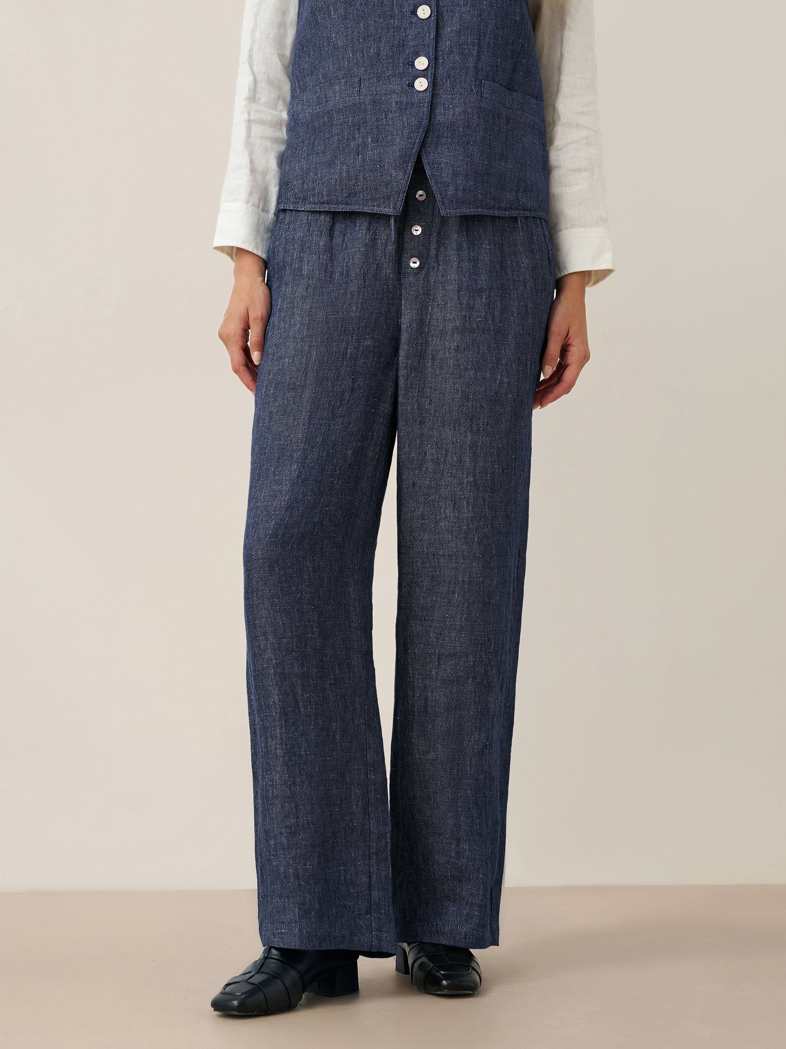Linen Denim Texture Elastic Waist Straight Leg Pants HAZEL