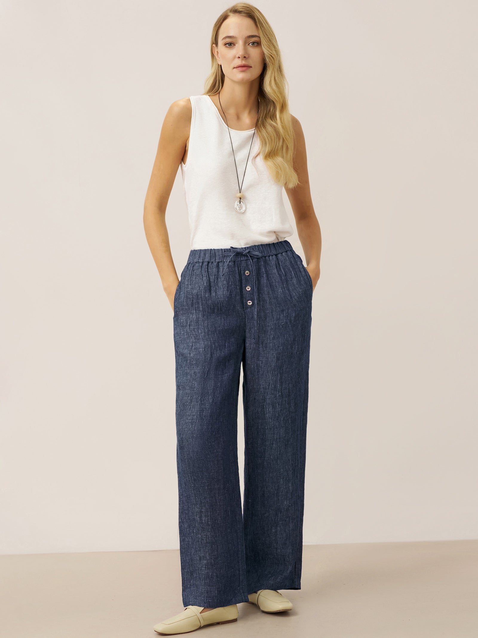 Linen Denim Texture Elastic Waist Straight Leg Pants HAZEL