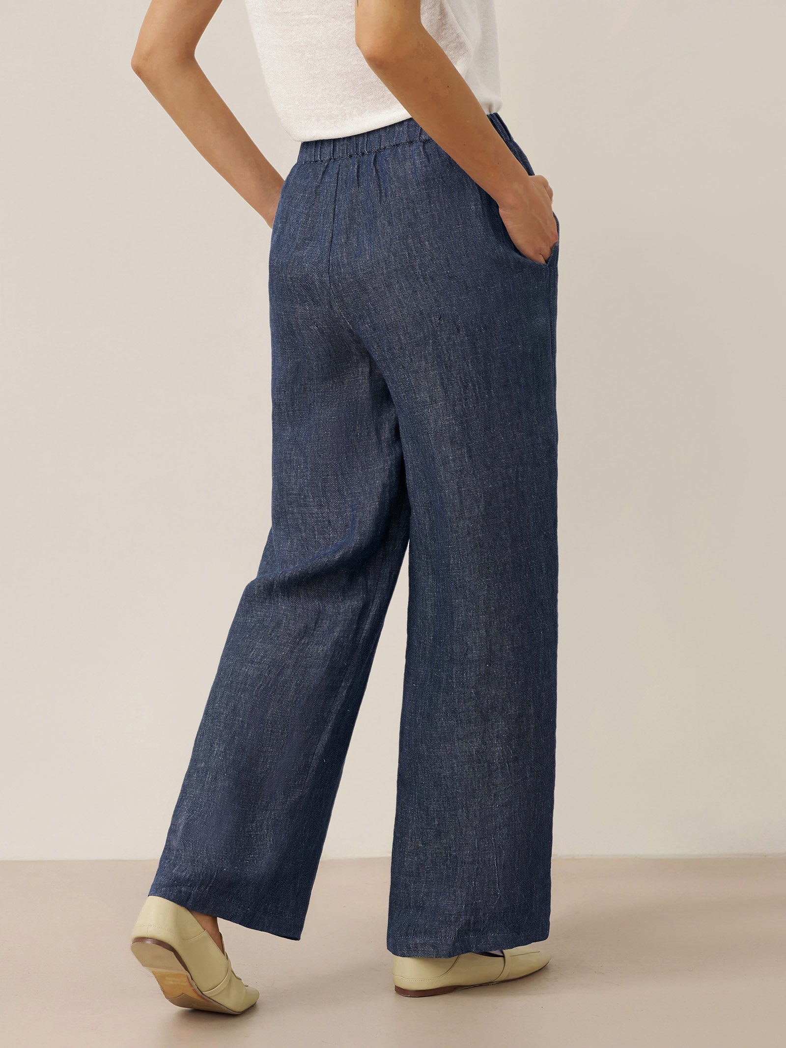 Linen Denim Texture Elastic Waist Straight Leg Pants HAZEL