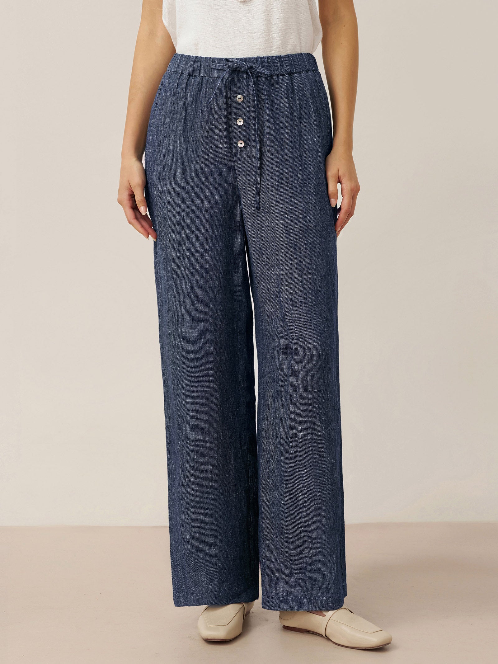 Linen Denim Texture Elastic Waist Straight Leg Pants HAZEL