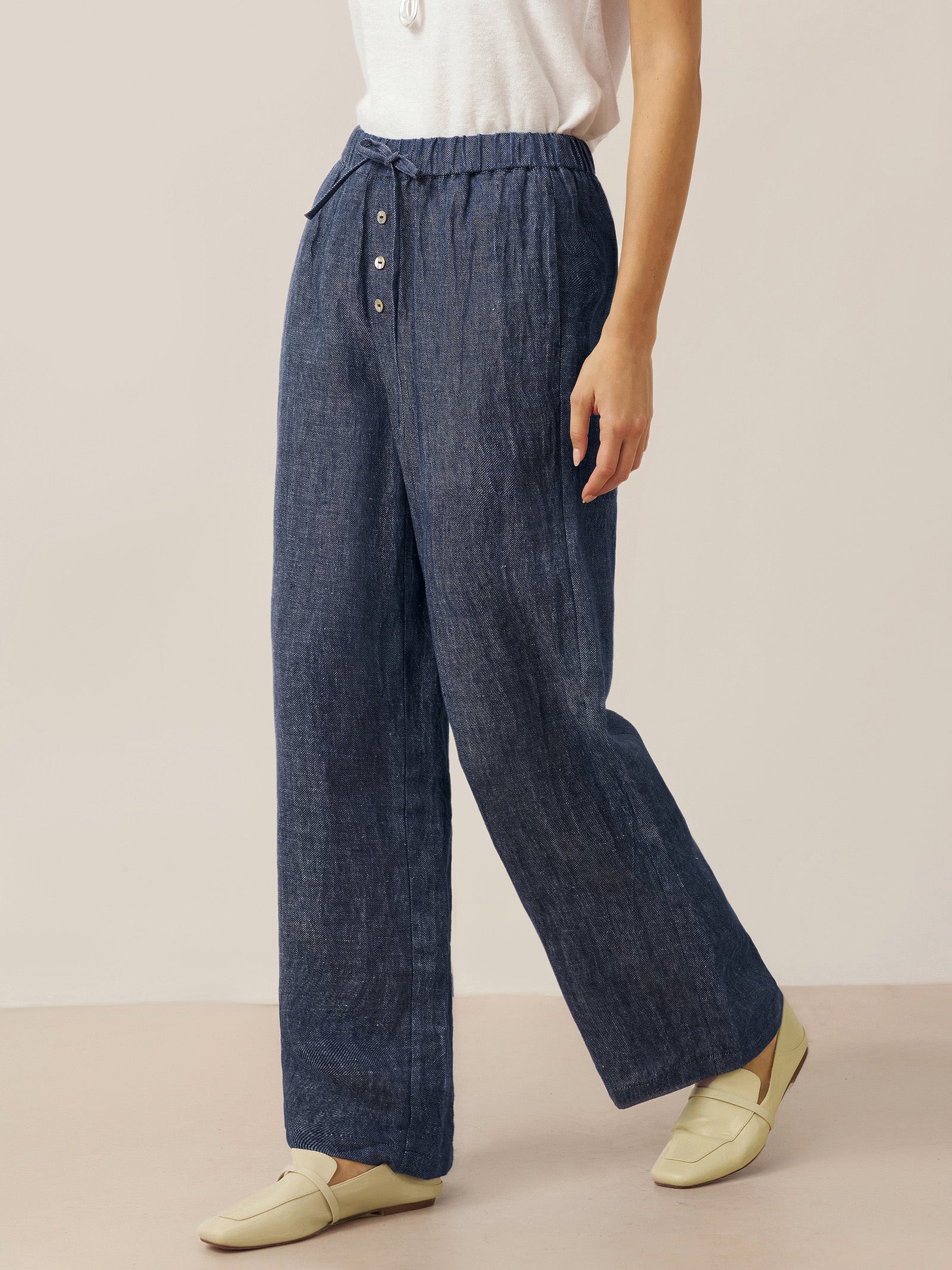 Linen Denim Texture Elastic Waist Straight Leg Pants HAZEL