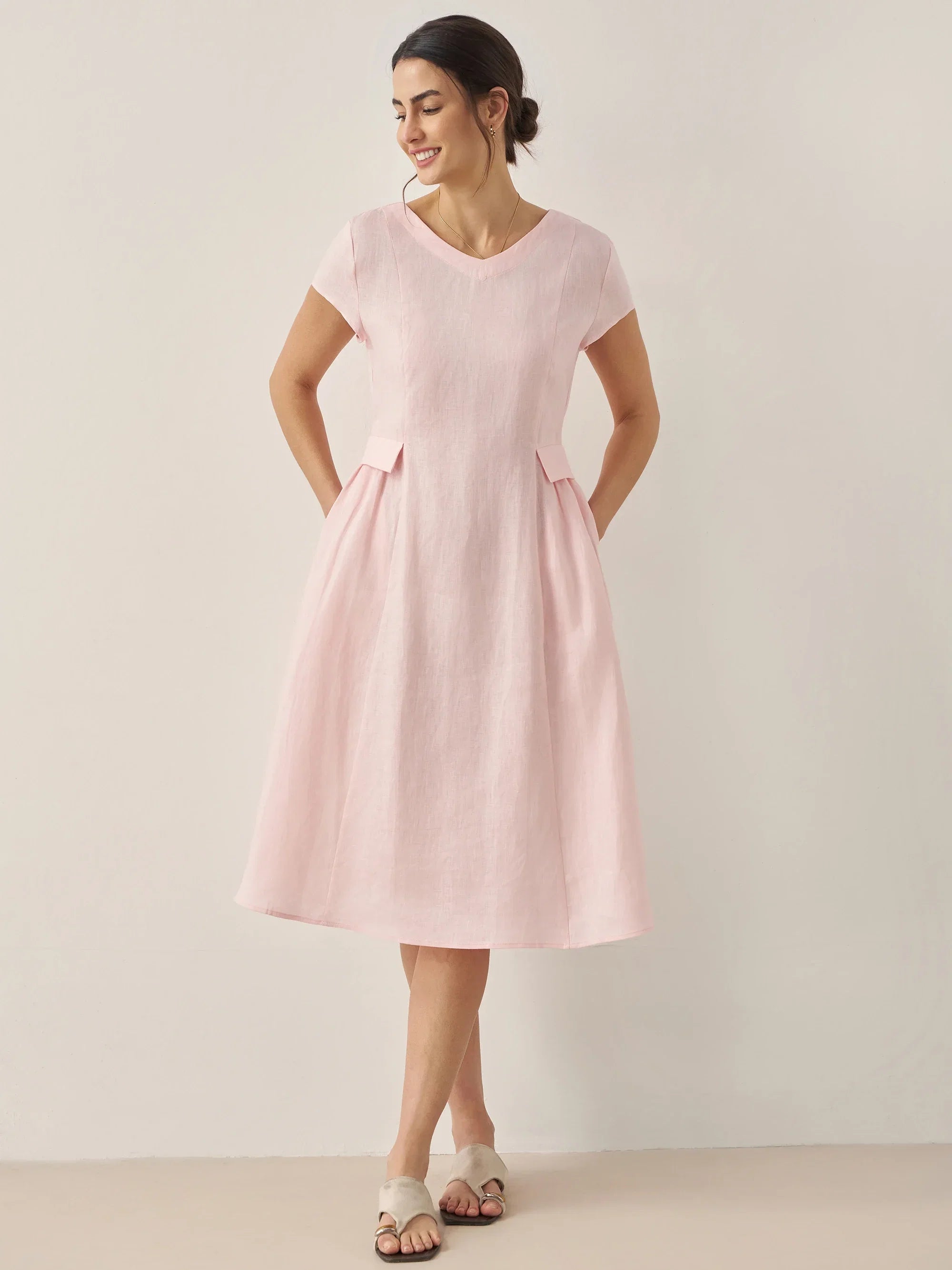 Linen Natural Summer V-Neck Dress ALEXA