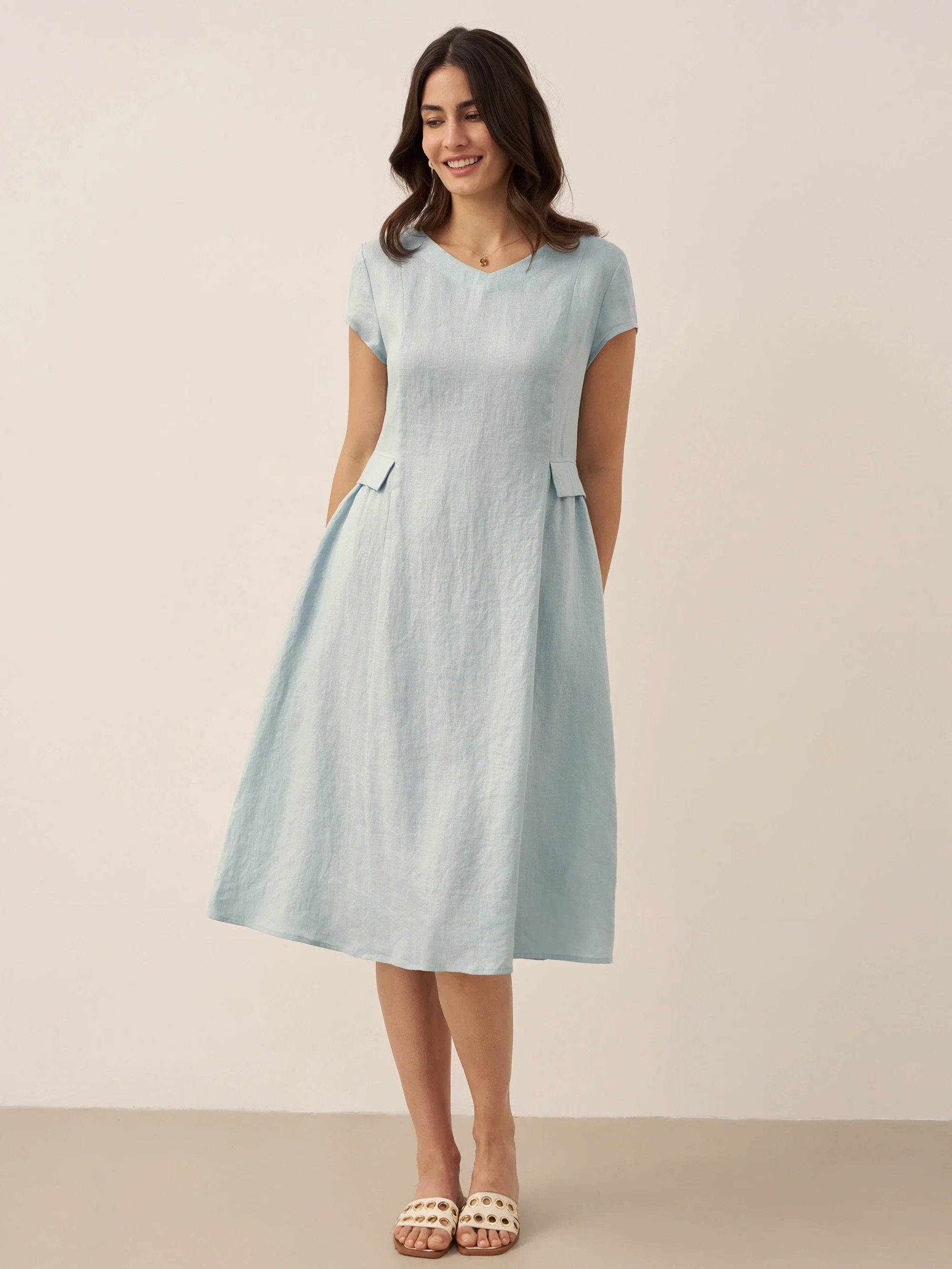 Linen Natural Summer V-Neck Dress ALEXA