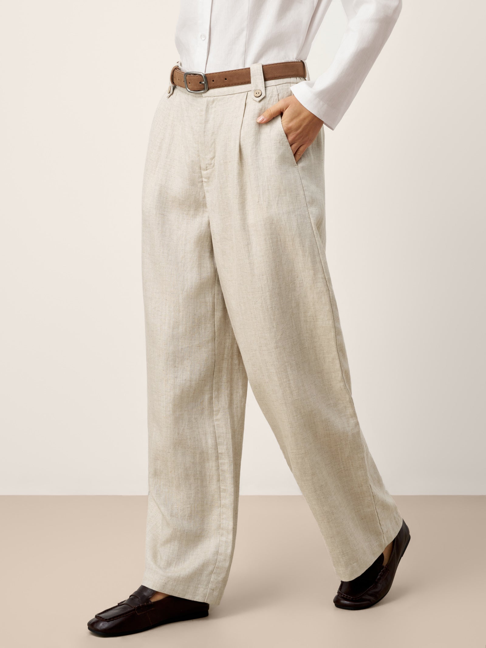 Linen-Lyocell Pleated Wide Leg Trousers with Back Elastic & Button Detail AISLING